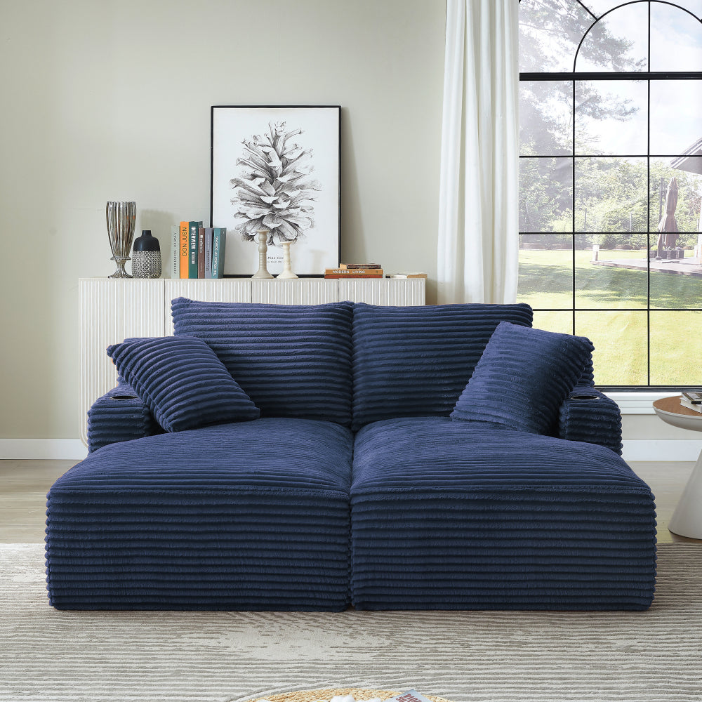 Compressible double chaise lounge with cupholders - No Assembly Required, Fluffy Modern Sleeper Loveseat for Indoor Living Room Bedroom Reading