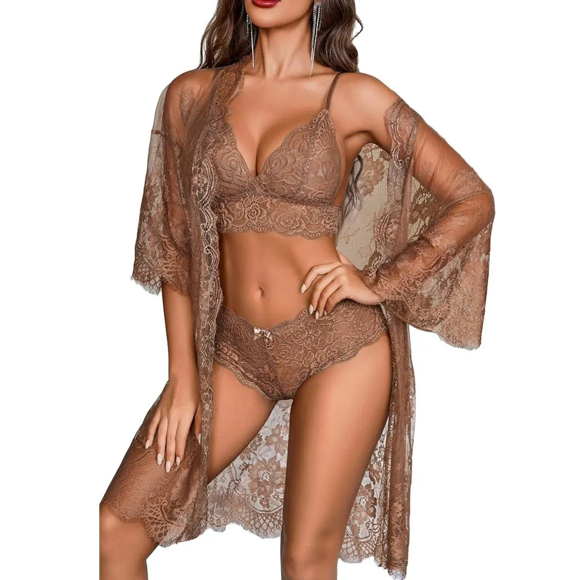 Avidlove Women's 3-Piece Lace Lingerie Set with Sheer Robe