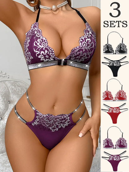 Women's Lace Halter Bralette & Low-Rise Thong Lingerie Set